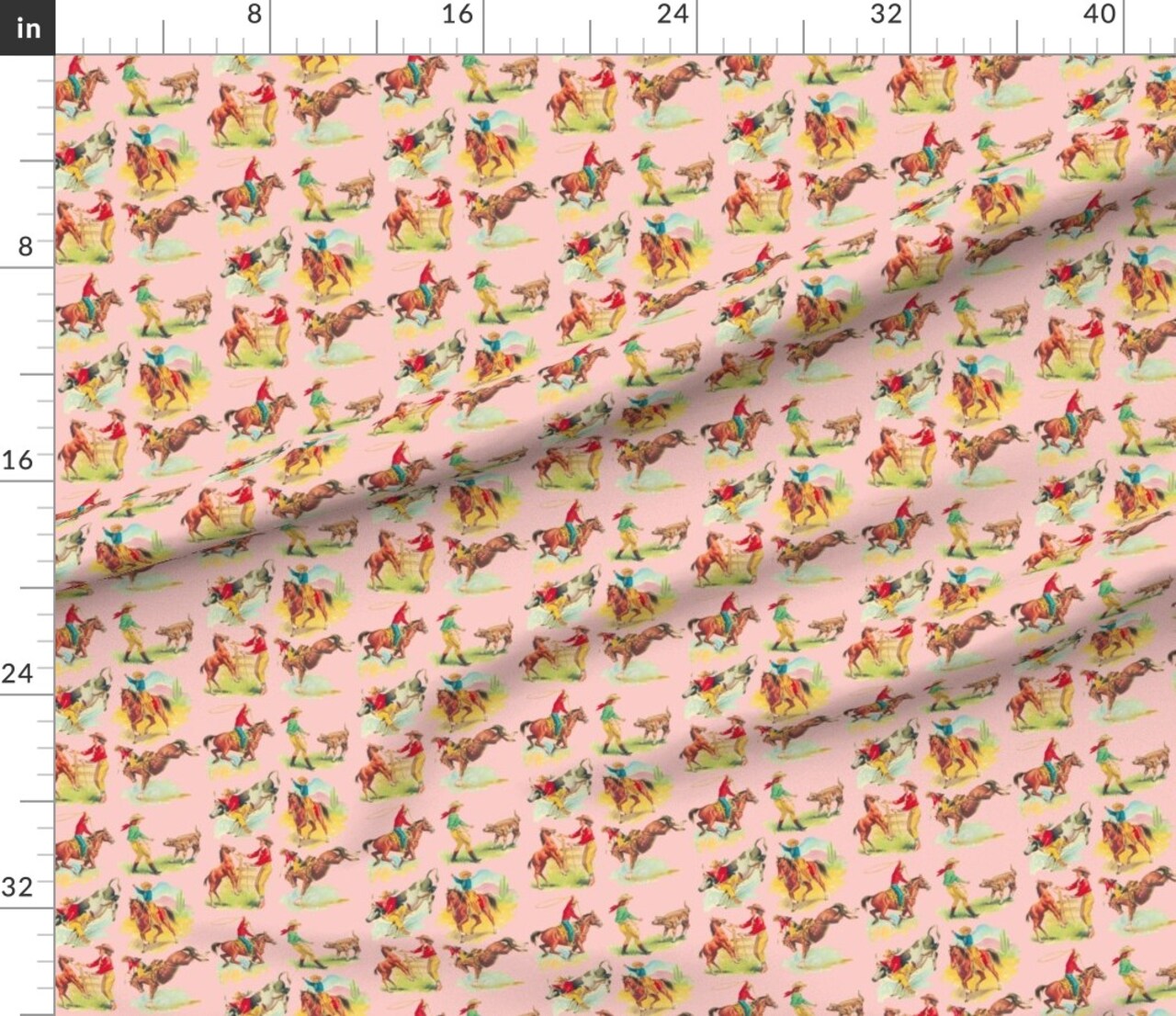 Vintage Inspired Western Rodeo Americana Pink Roping Bronco Custom Printed Fabric by Spoonflower Various Fabrics by the Yard or Fat Quarter